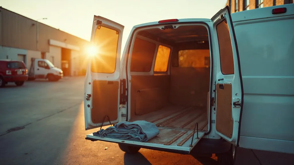 A plain white HVAC service van with a blank unbranded door panel parked in a contractor yard at golden hour with copper line sets on the tailgate