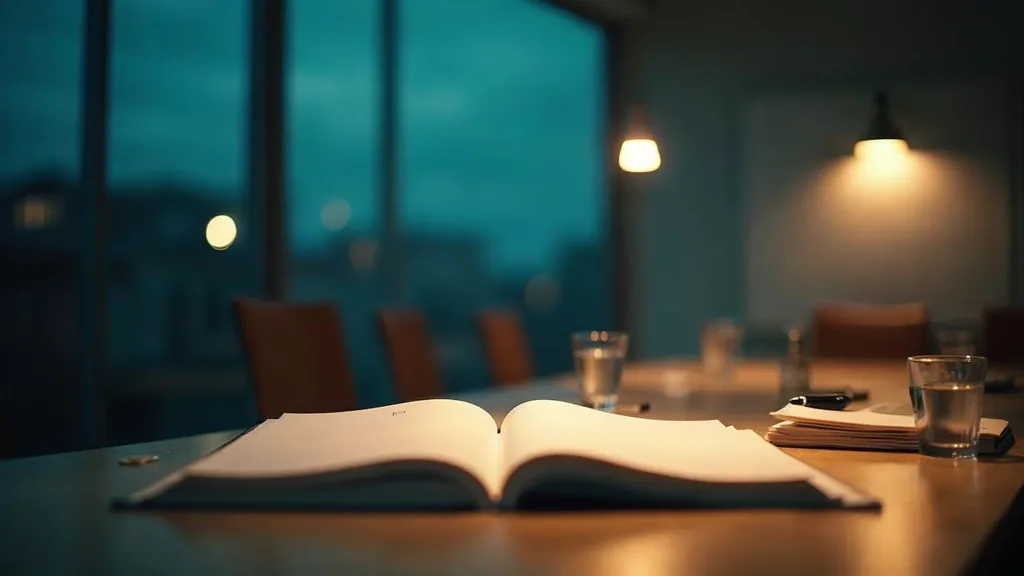 An advisory office meeting table at dusk with blank unbranded folders, a pitch book turned face down and a fountain pen under one warm lamp
