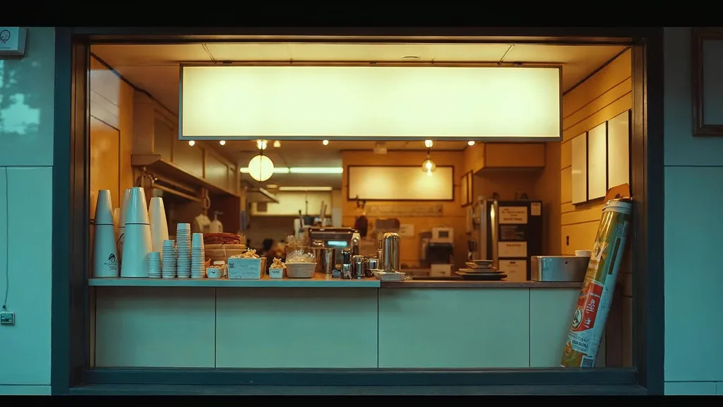 A franchise storefront interior before opening with a blank unbranded sign panel, unprinted cups and blank menu boards under one pendant light