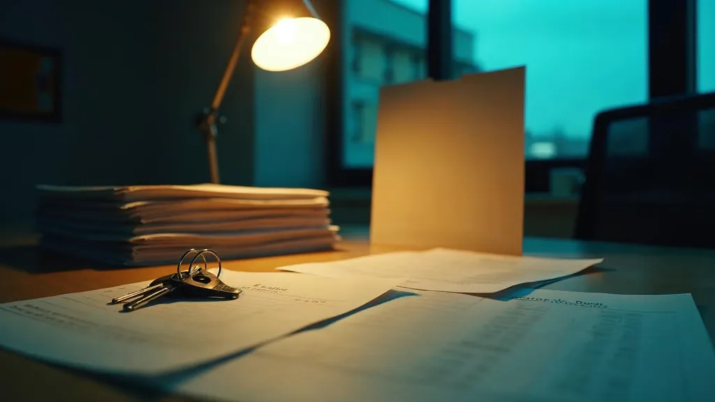 A lending office desk at dusk with blank unbranded loan folders, house keys on a paper clip and rate sheets face down under one warm lamp