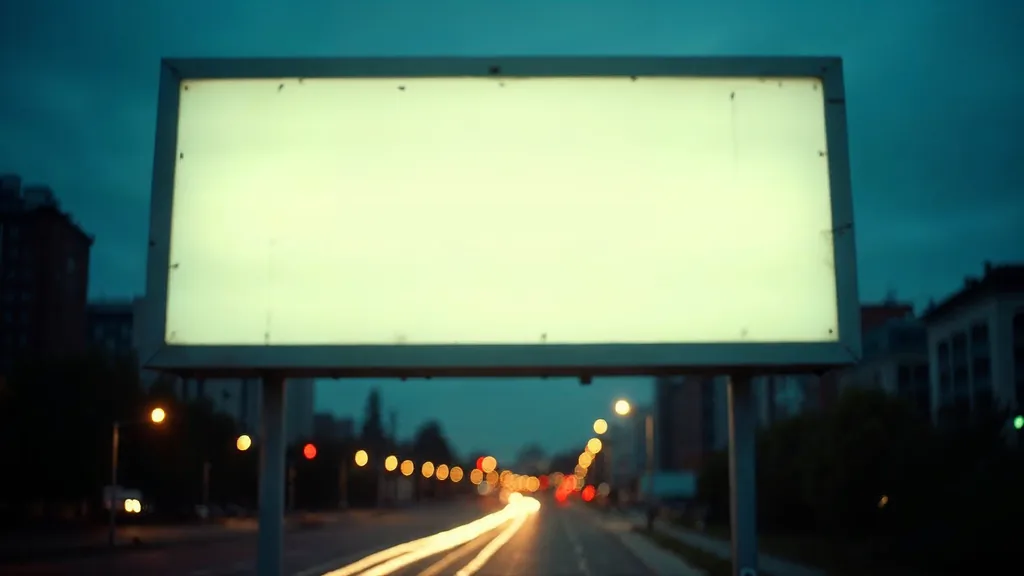 An empty blank billboard face above a city street at dusk, unlit panel with visible seams, traffic light trails out of focus beneath