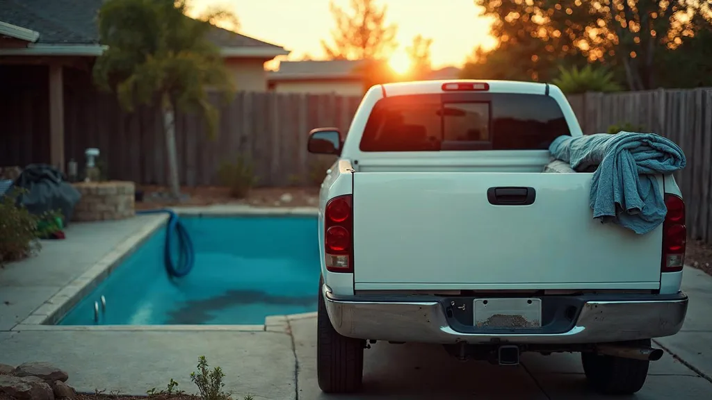 A plain white pool service pickup with a blank unbranded door panel parked beside a half-finished pool shell at dusk with a coiled hose on the tailgate