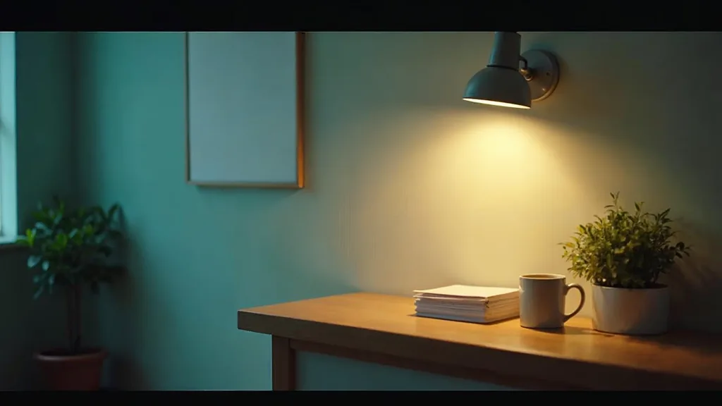 A treatment center reception desk at dawn with a blank unbranded wall sign panel, plain folders and a ceramic mug under one warm lamp