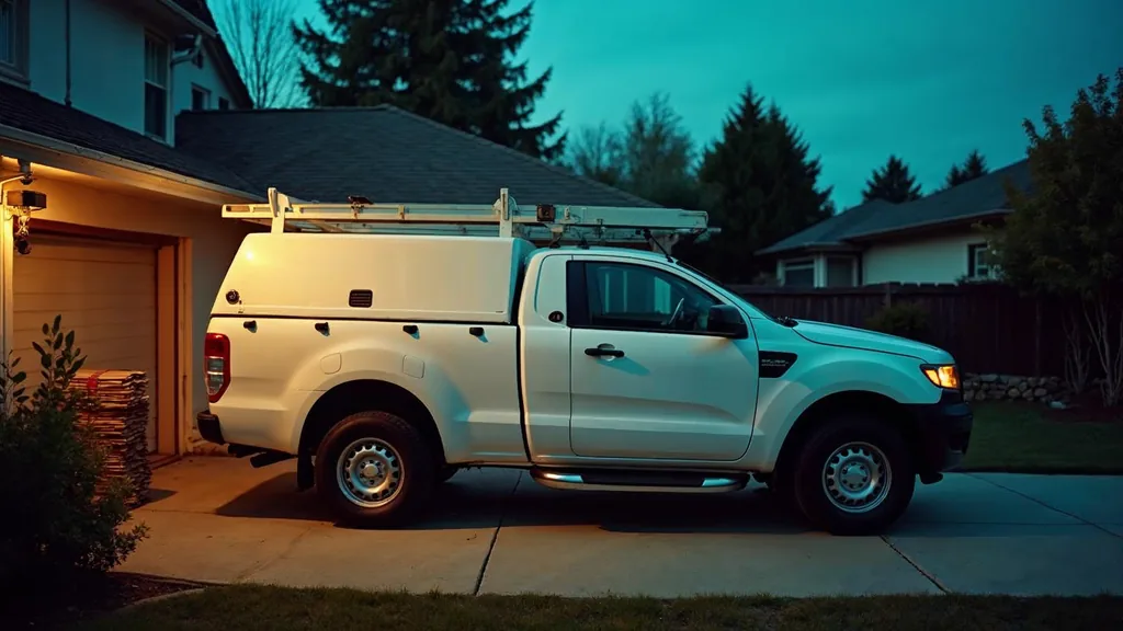 A plain white roofing contractor pickup with a blank unbranded door panel parked in a suburban driveway at dusk beside shingle bundles and a ladder