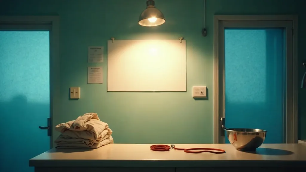 A veterinary clinic reception counter before opening with a blank unbranded sign panel, a folded uniform, a stainless bowl and a coiled leash under one warm lamp