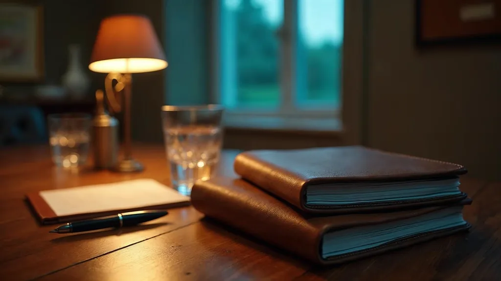 A private client meeting room at dusk with blank unbranded leather folders on a walnut table, a fountain pen and a crystal glass under one warm lamp