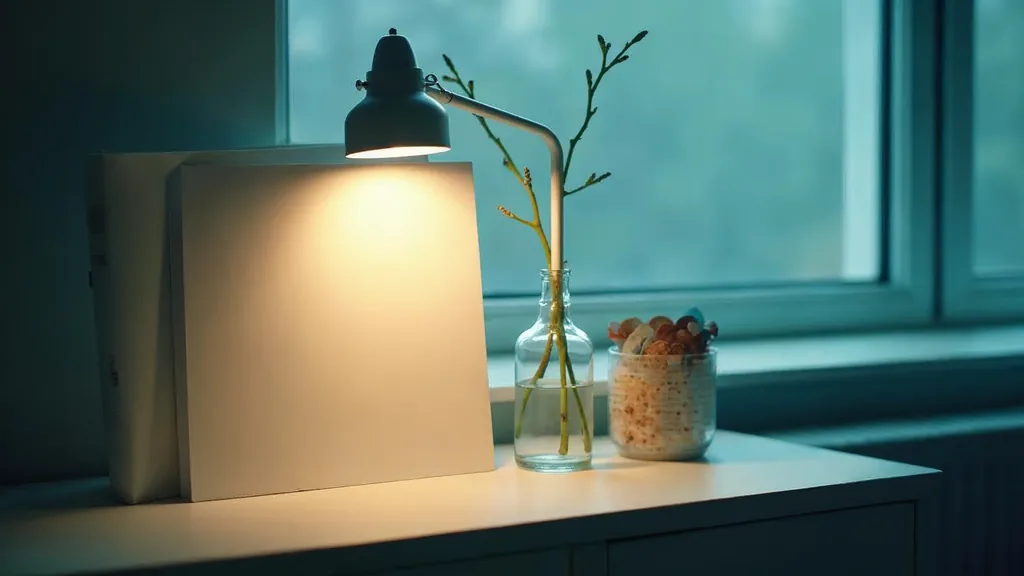A fertility clinic consultation room shelf at dawn with a blank unbranded sign panel, a plain white folder and a single stem in a glass vase under one warm lamp