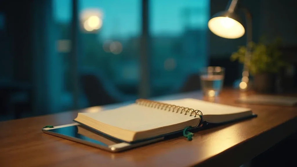 A dental practice reception desk at dusk with an open unbranded appointment book, a face-down tablet and a warm lamp raking across the surface