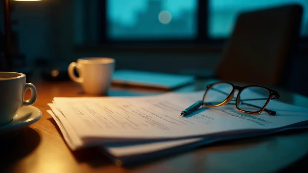 An advisory office desk at dusk with a stack of unbranded printed research pages, a fountain pen and reading glasses under one warm lamp