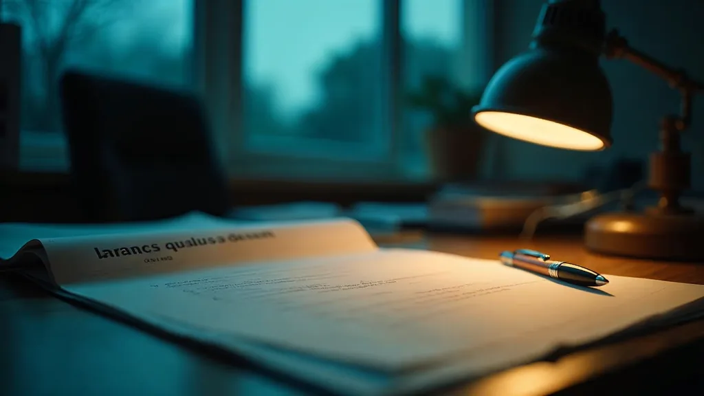 A law office desk at dusk with a closed unbranded case file, a legal pad and a telephone handset off the cradle under one warm lamp