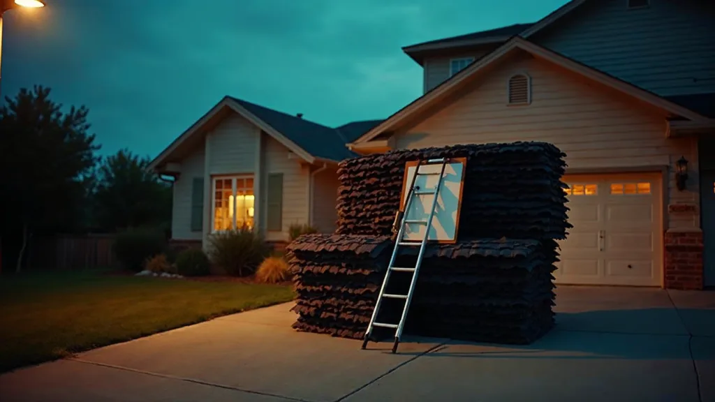 A suburban driveway at dusk with a stack of asphalt shingle bundles, a leaning ladder and a plain clipboard on a tailgate