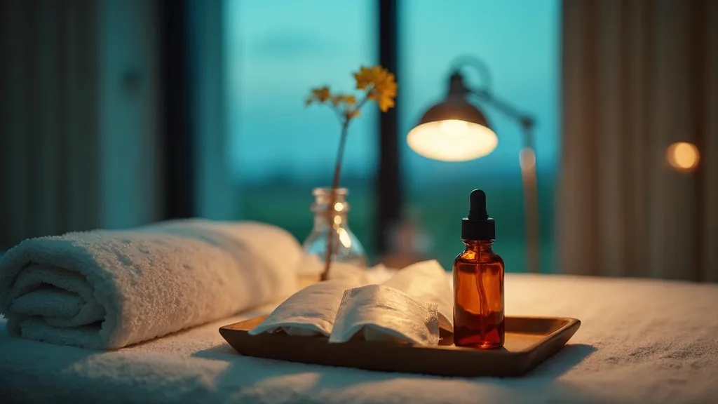 A medical spa treatment room at dusk with a folded white towel, an unbranded amber serum bottle and a single stem in a glass vase under one warm lamp