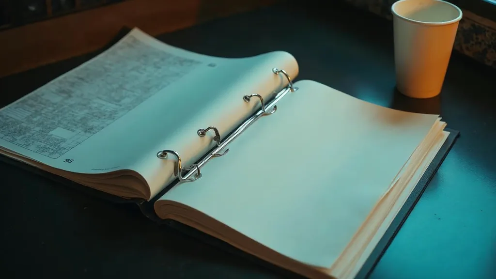 A franchise brand standards binder open on a dark counter beside a blank unbranded paper cup and plain printed location maps under one warm light
