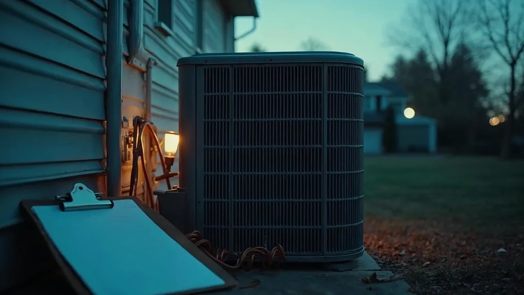 An outdoor residential air conditioning condenser at dusk beside a plain clipboard and a coiled copper line under one warm light