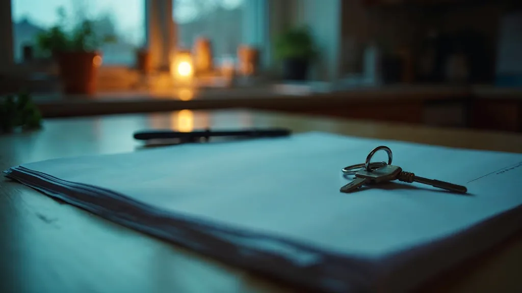 A kitchen table at dusk with a stack of blank unbranded loan document pages, a pen and a single house key under one warm light