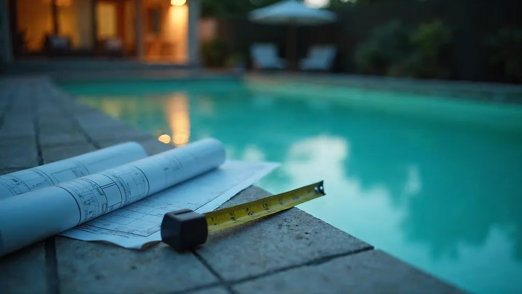 The tiled edge of a residential swimming pool at dusk with rolled blank construction drawings and a plain tape measure resting on the coping