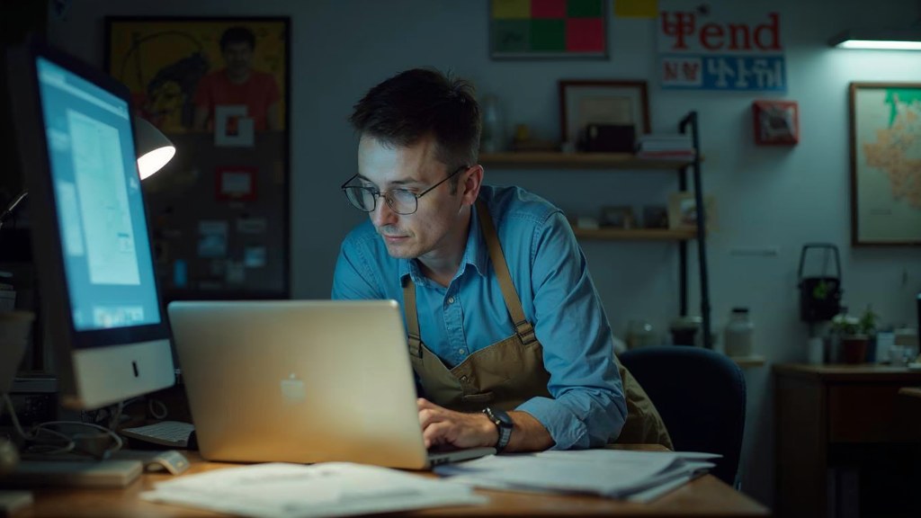 A small-business owner in an apron leaning over a laptop on a cluttered back-office desk late in the day, photographed in Omaha