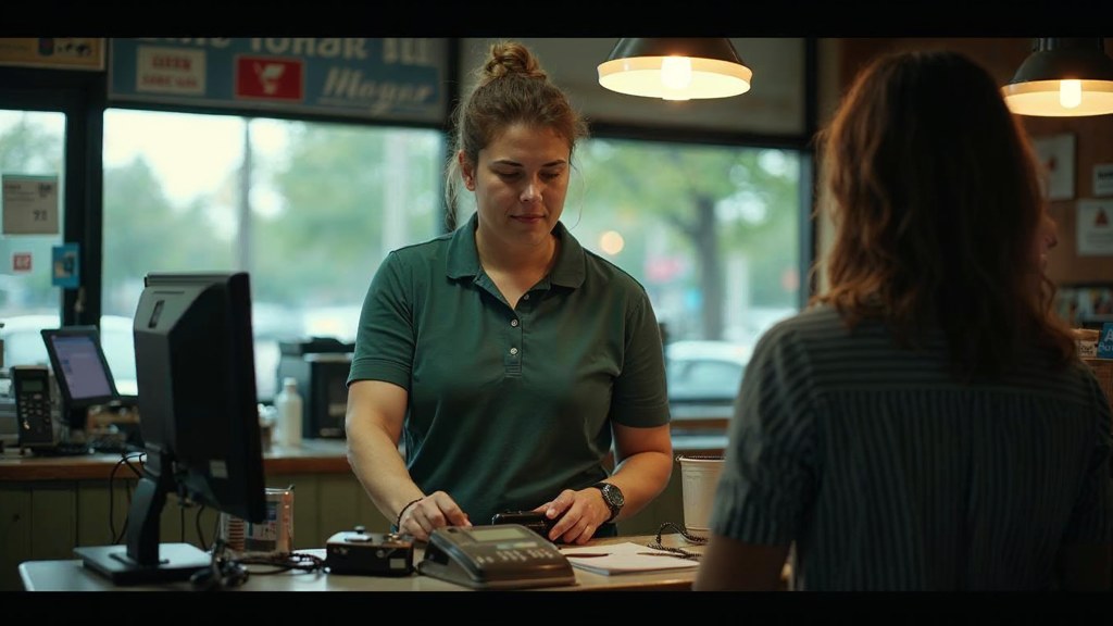 A shop manager standing behind the counter checking a phone while a customer waits at the till, photographed in Omaha