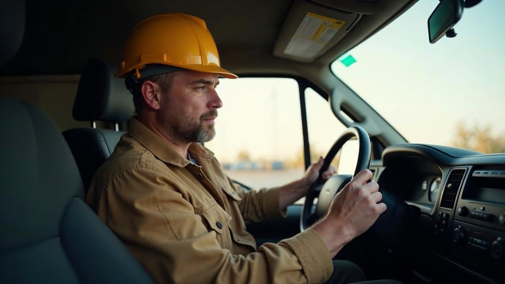 A contractor sitting in the cab of a work van reviewing a phone before driving off, photographed in Omaha