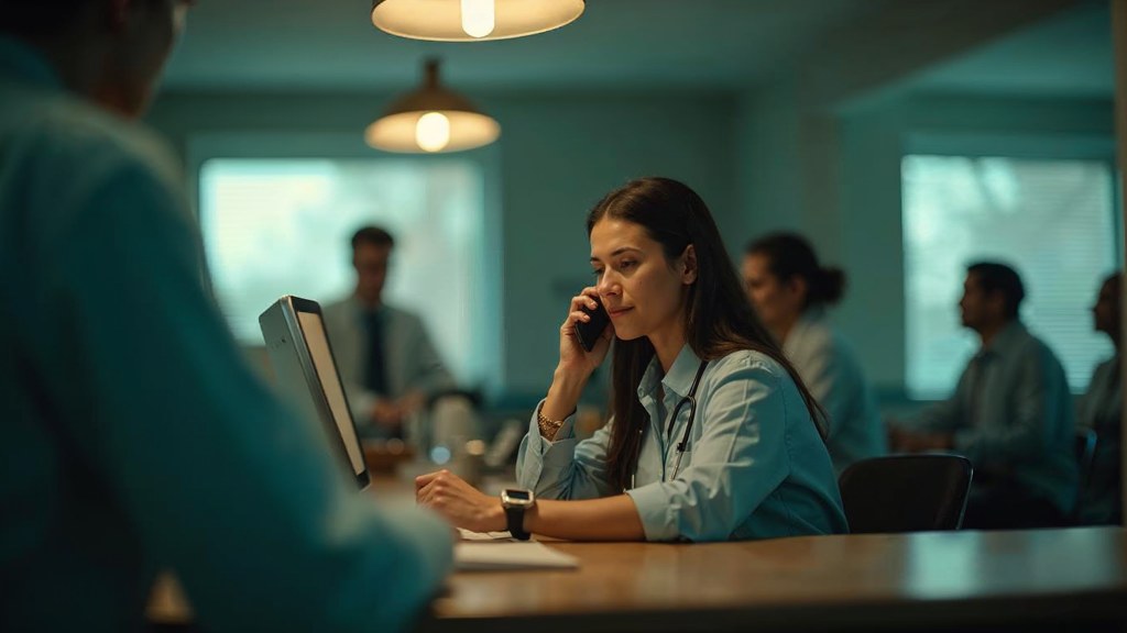 A clinic receptionist taking a phone call at a busy front desk with patients waiting, photographed in Omaha