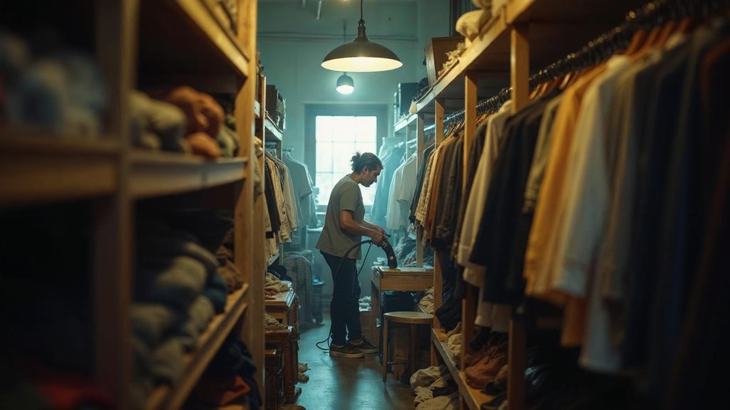 A boutique owner steaming garments in a narrow shop stockroom at opening time, photographed in Omaha