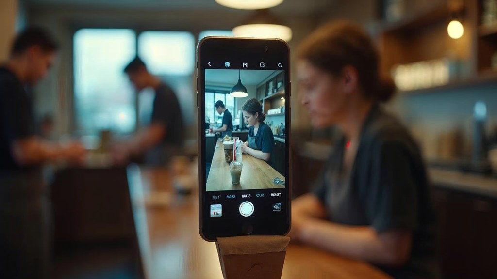 A young cafe worker filming a drink being poured on a phone propped against a napkin holder, photographed in Omaha