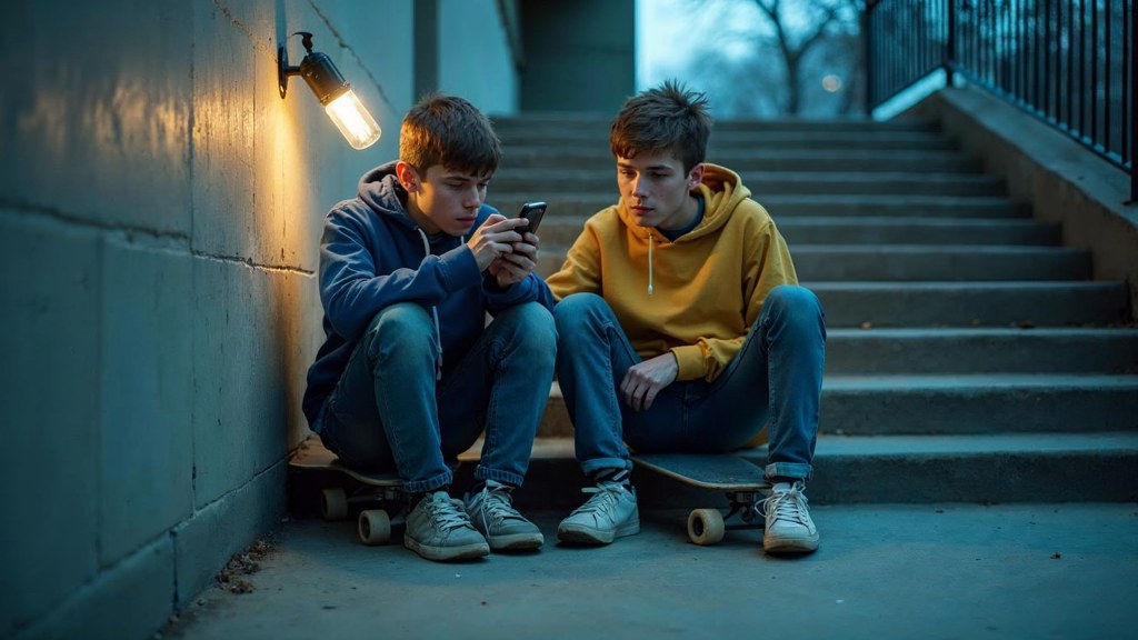 Two teenagers on skateboards looking at a phone on a set of concrete steps, photographed in Omaha