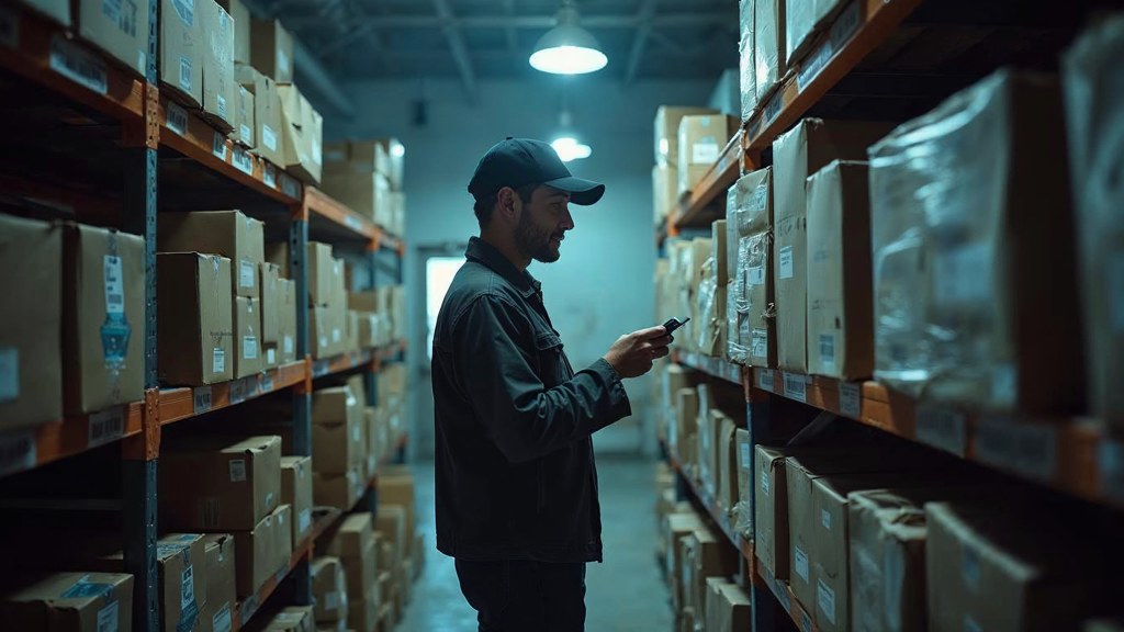 A seller checking barcodes on stacked cartons in a garage stockroom, photographed in Omaha