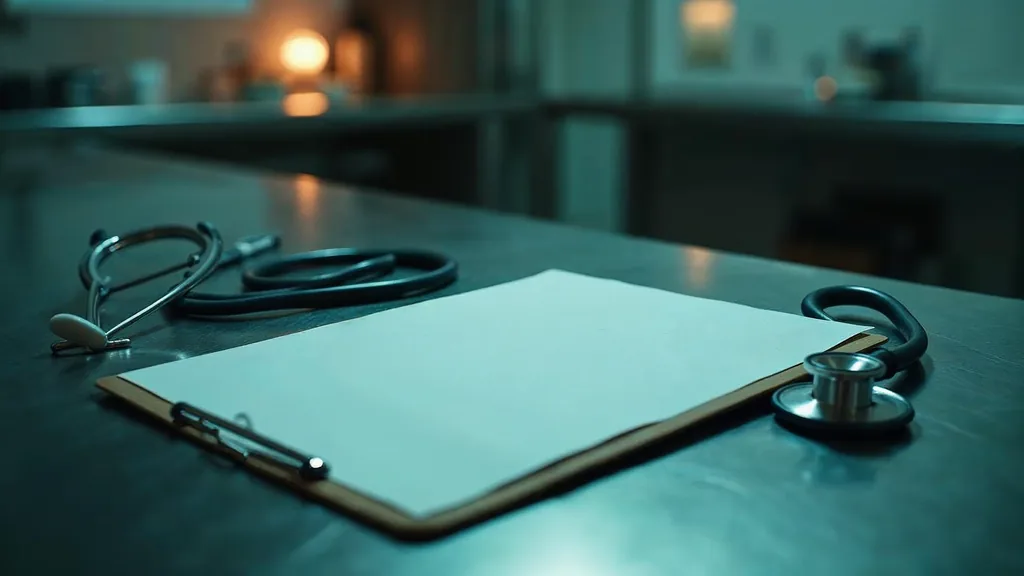 A veterinary clinic examination room at dusk with a stainless steel table, a plain unbranded clipboard of blank notes and a coiled stethoscope under one warm light