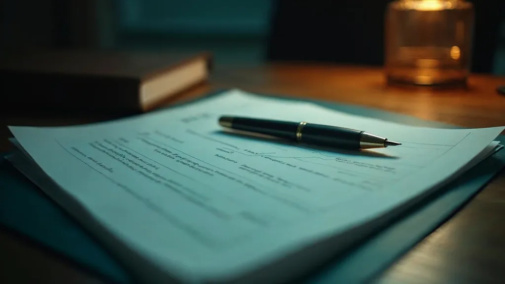 A private banking meeting table at dusk with a stack of blank unbranded printed pages, a fountain pen and a plain closed leather folio under one warm light