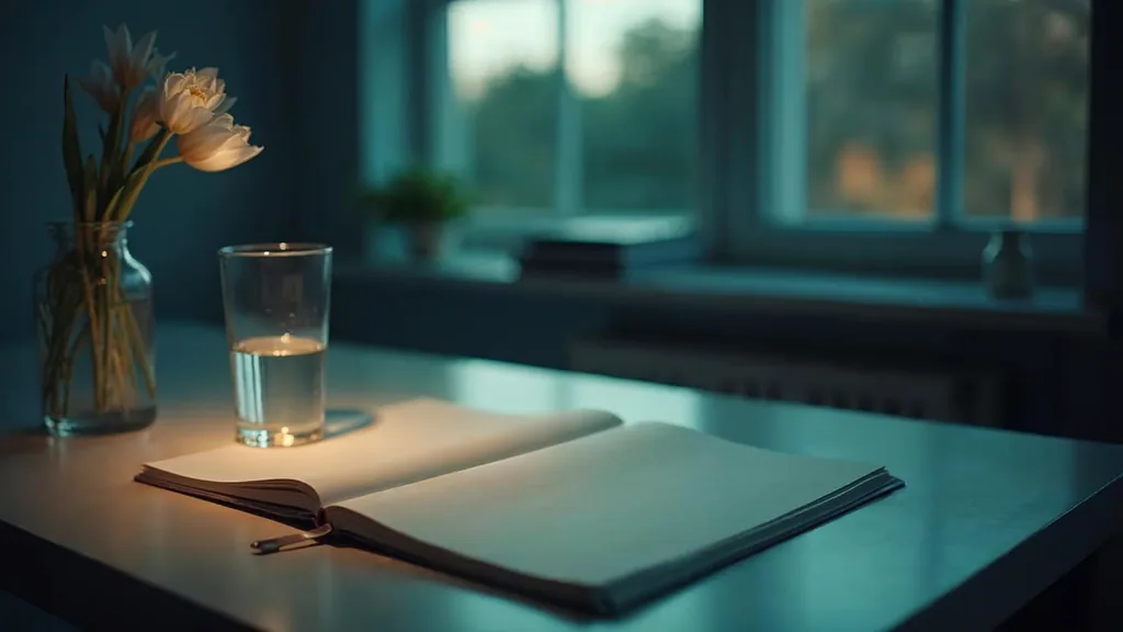 A quiet clinic consultation desk at dusk with a plain unbranded appointment book open to blank pages, a glass of water and one pale flower stem under a warm light