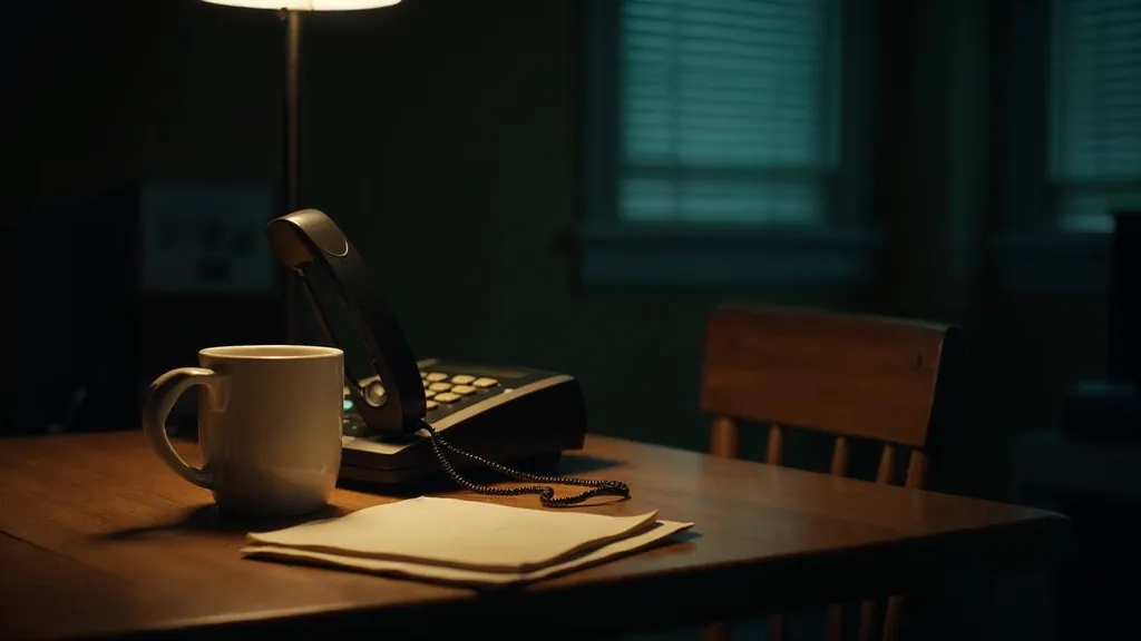 A plain kitchen table at night with a corded telephone handset off its cradle, a mug of cold coffee and a blank unbranded notepad under one warm light