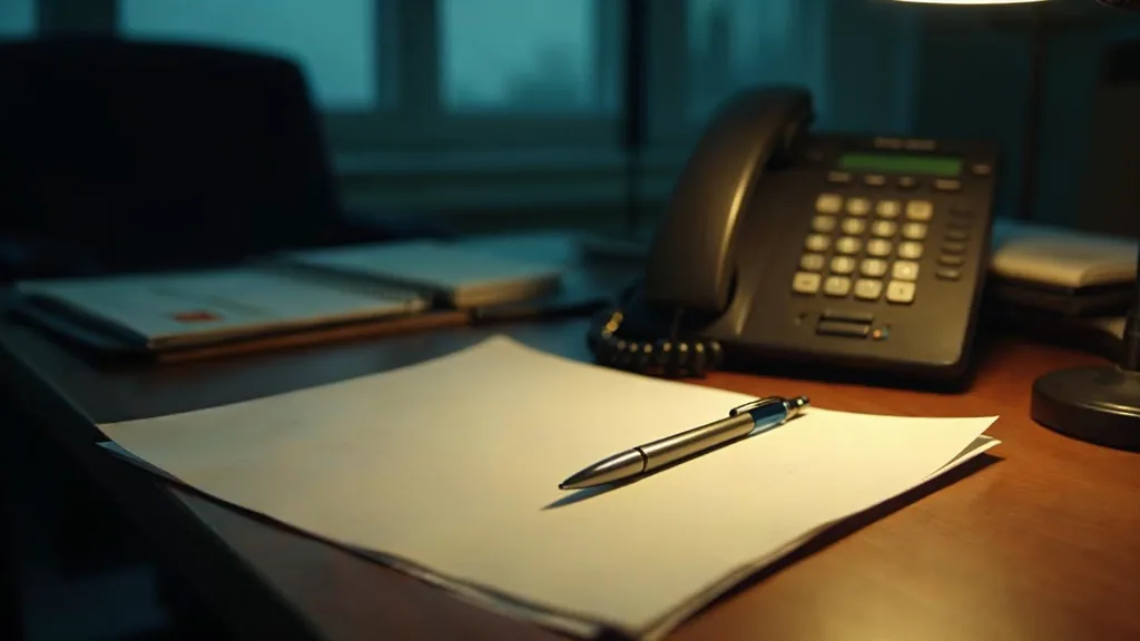 A law office desk at dusk with a desk telephone, a plain unbranded blank intake form and a closed pen under one warm light
