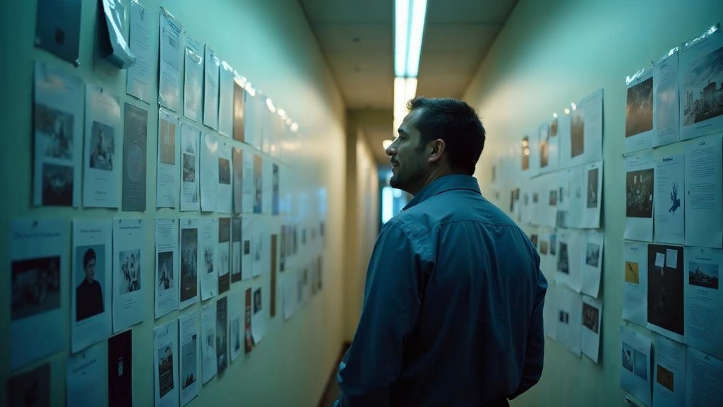 A media planner standing at a wall of printed layouts in a narrow agency corridor, photographed in Omaha