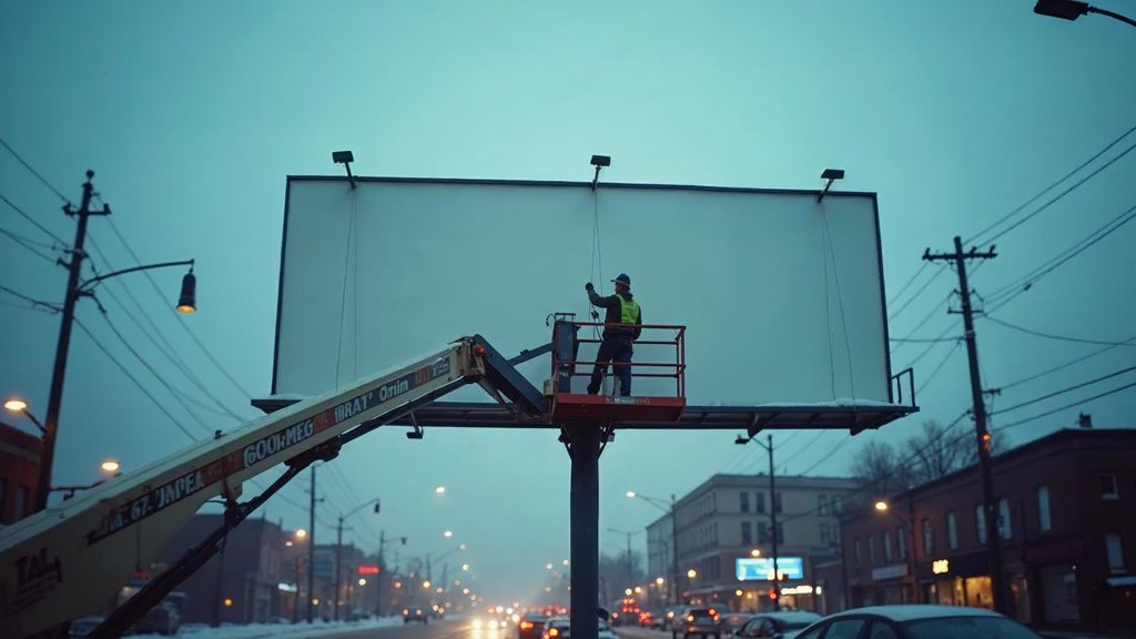 A crew member on a lift installing a blank billboard panel above a busy street, photographed in Omaha