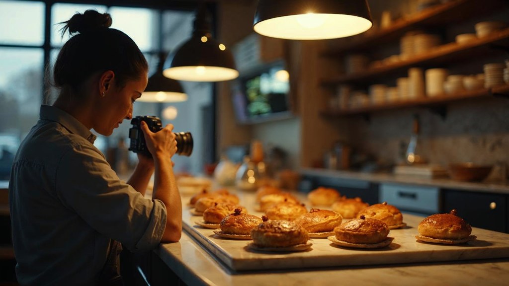 A bakery owner photographing a tray of pastries on a marble counter at dawn, photographed in Omaha