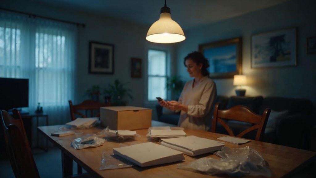 A customer filming an unboxing on a kitchen table strewn with packaging, photographed in Omaha