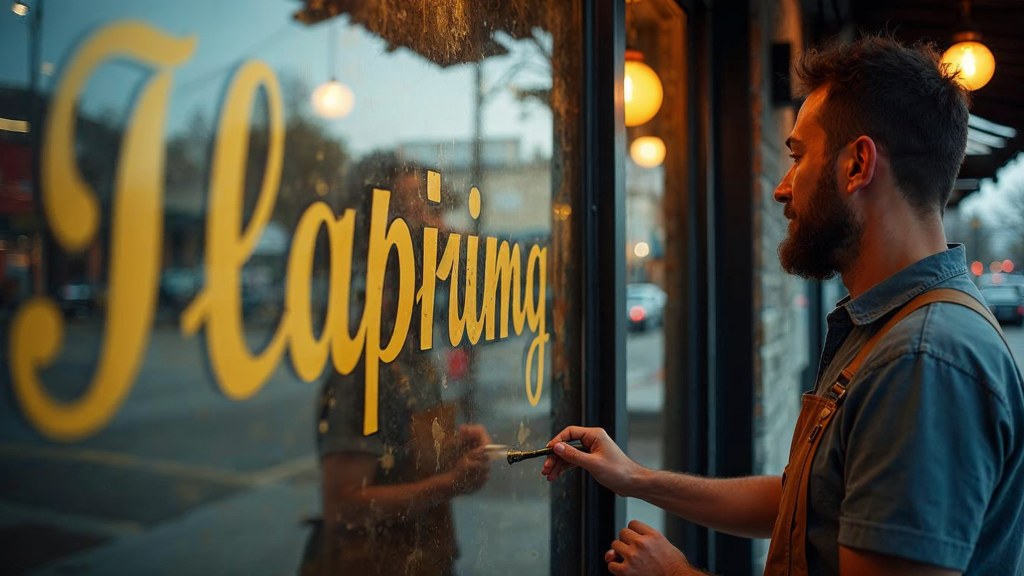 A sign painter finishing gold lettering on a shopfront window from the street side, photographed in Omaha