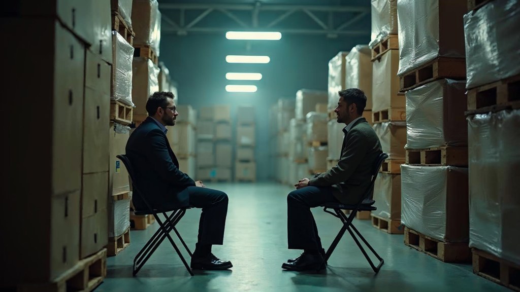 A warehouse supervisor interviewing a candidate on folding chairs beside stacked pallets, photographed in Omaha