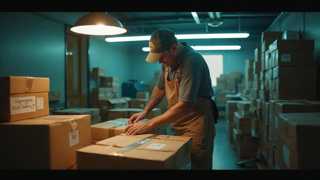 A warehouse worker taping shipping boxes under strip lighting in a small fulfilment room, photographed in Omaha