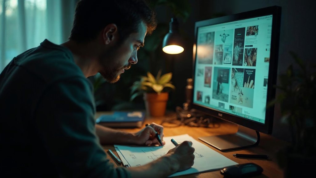A studio designer sketching a page layout on paper beside a monitor in a dim room, photographed in Omaha
