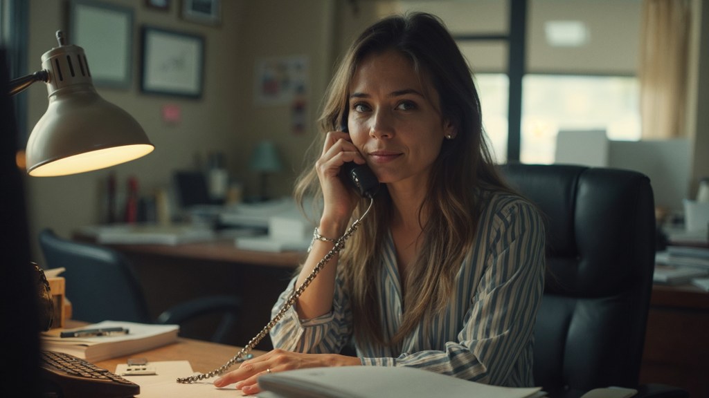 An office manager at a cluttered desk with a landline handset tucked under one ear, photographed in Omaha