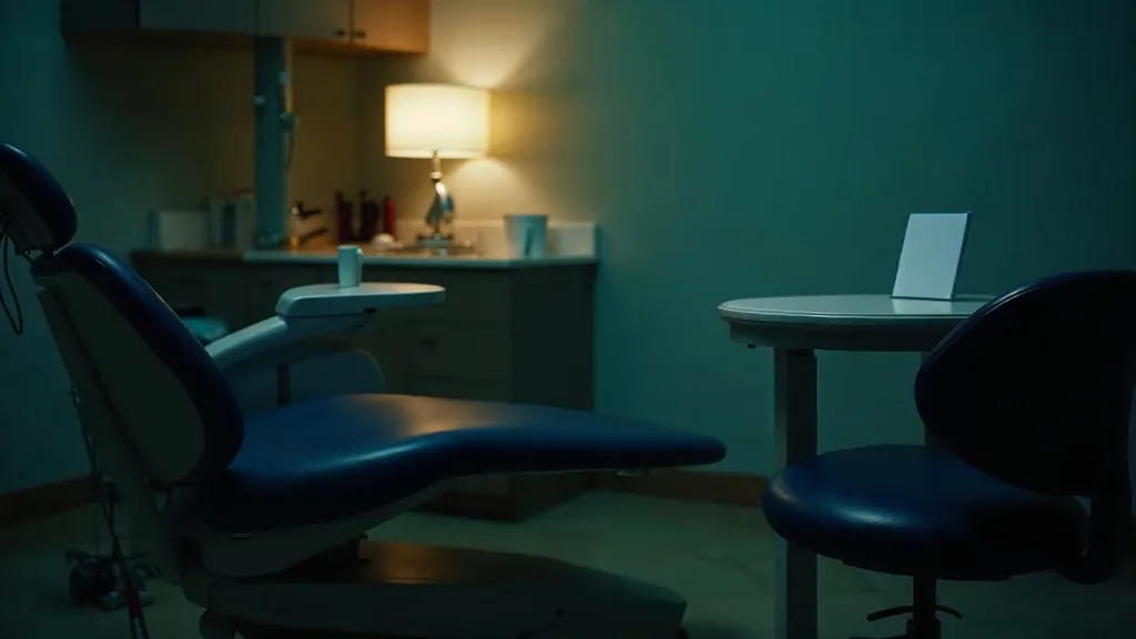 An empty dental treatment chair in a quiet clinic at dusk beside a blank unbranded appointment card under one warm light