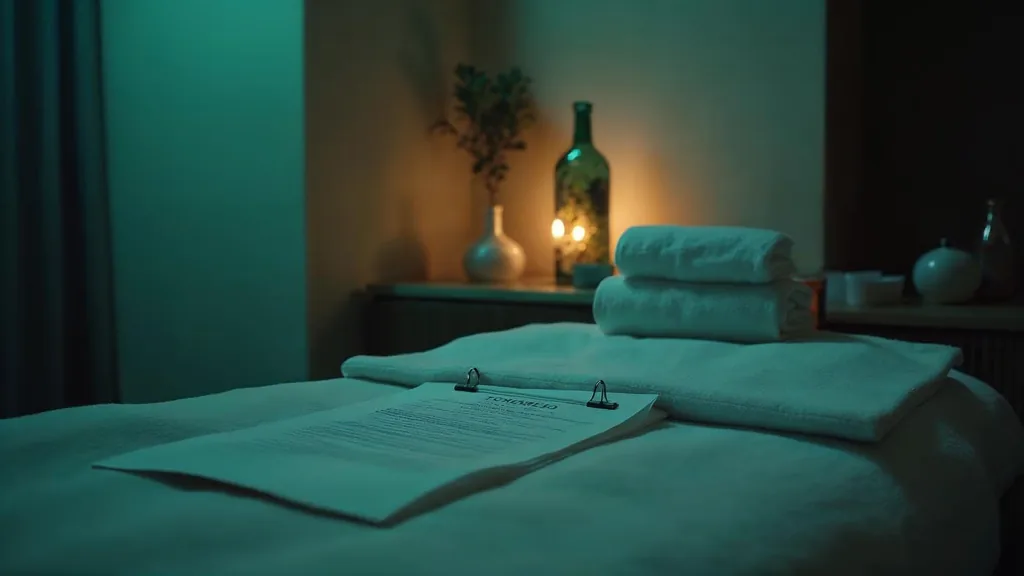 A quiet medical spa treatment room at dusk with a folded white towel, a blank unbranded consultation form and a small glass bottle under one warm light