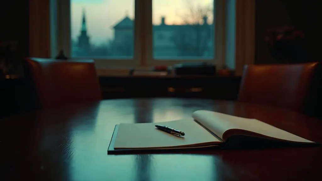 A private advisory office at dusk with two empty chairs across a polished table, a blank unbranded folder and a fountain pen under one warm light