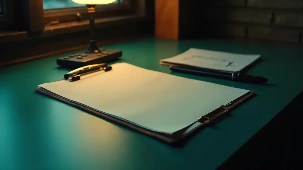 An empty small-business counter at dusk with a blank unbranded application folder, a set of keys and a closed pen under one warm light