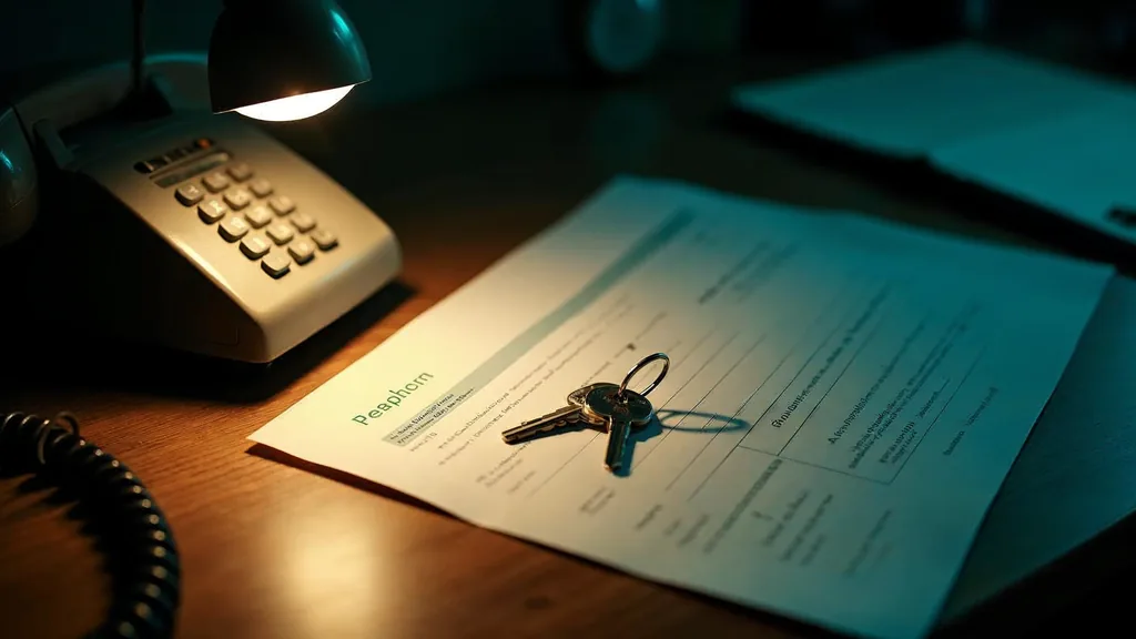 A lender desk at dusk with a telephone handset off the cradle, a blank unbranded loan application form and a set of house keys under one warm light