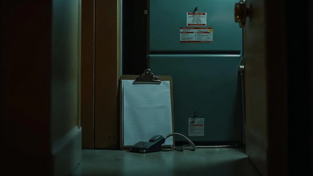 An empty residential utility room at dusk with an open unbranded furnace panel, a blank clipboard form and a service phone off its cradle under one warm light