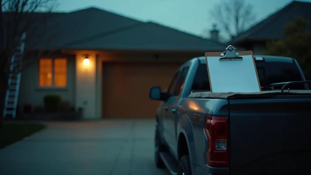 An empty residential driveway at dusk with a ladder against a plain roof edge and a blank estimate clipboard on the tailgate of an unmarked truck