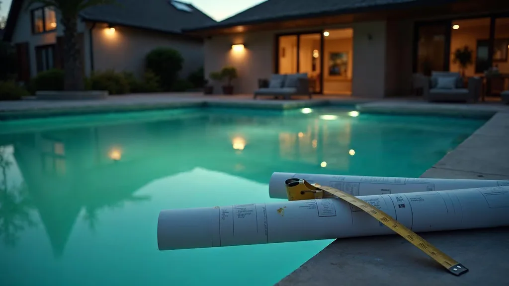 An unfinished residential pool shell at dusk with a rolled set of blank unbranded plans and a folding measure resting on the concrete coping
